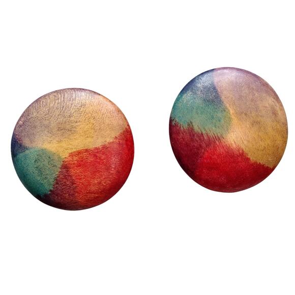 1980s Rainbow Boho Hippie Folk Art Flat Round Circular Button Wood Earrings - Picture 1 of 5
